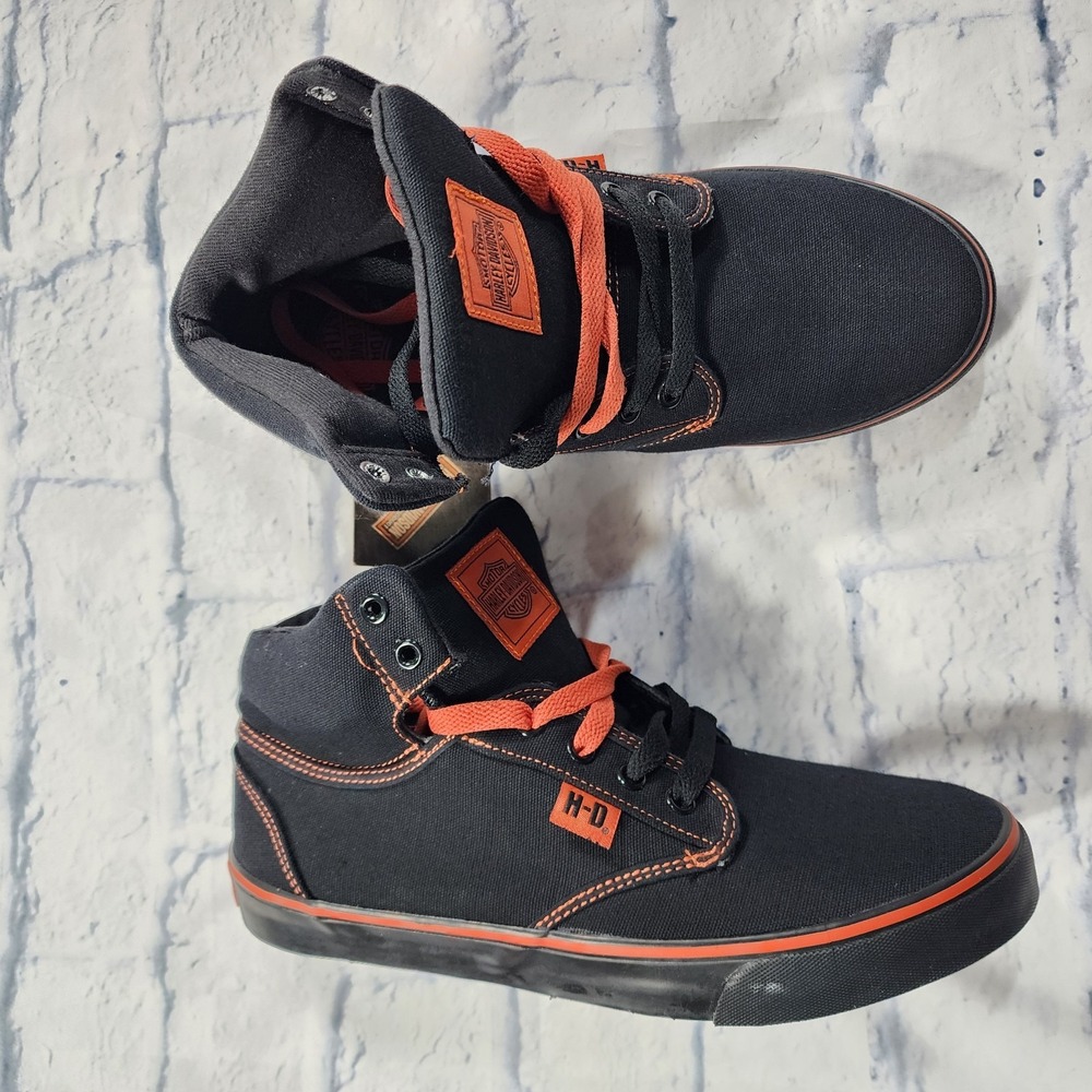 Harley Davidson Wrenford High Top Sneaker MENS 8 Black Orange Canvas Biker Moto